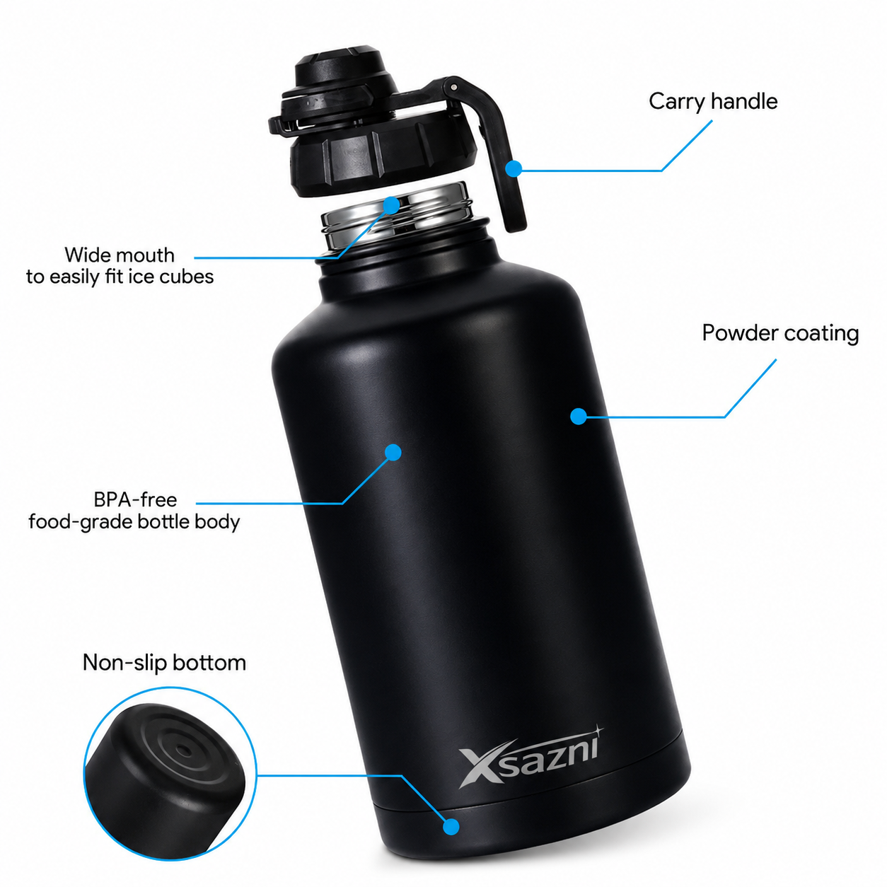 Xsazni 64 oz Insulated Water Bottle, Stainless Steel Vacuum Flask with Leak-Proof Lock Lid, Double Wall Metal Bottle with Carry Strap, Large 1.9L Reusable Bottle for Gym, Travel & Outdoor