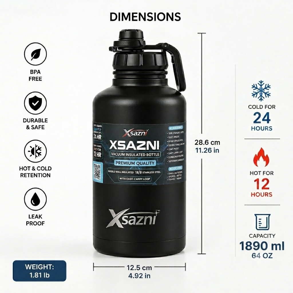 Xsazni 64 oz Insulated Water Bottle, Stainless Steel Vacuum Flask with Leak-Proof Lock Lid, Double Wall Metal Bottle with Carry Strap, Large 1.9L Reusable Bottle for Gym, Travel & Outdoor