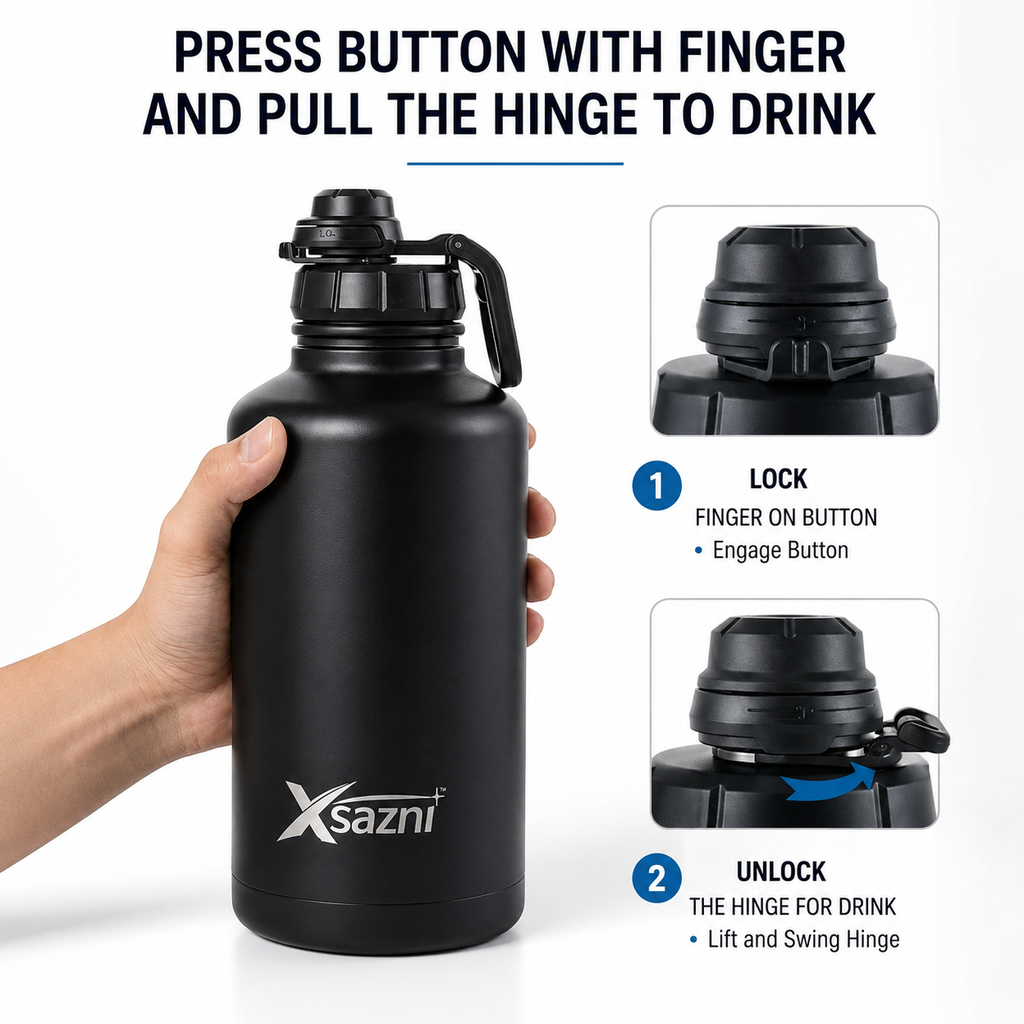 Xsazni 64 oz Insulated Water Bottle, Stainless Steel Vacuum Flask with Leak-Proof Lock Lid, Double Wall Metal Bottle with Carry Strap, Large 1.9L Reusable Bottle for Gym, Travel & Outdoor