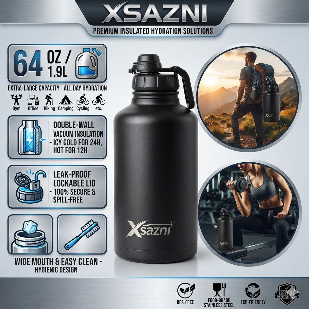 Xsazni 64 oz Insulated Water Bottle, Stainless Steel Vacuum Flask with Leak-Proof Lock Lid, Double Wall Metal Bottle with Carry Strap, Large 1.9L Reusable Bottle for Gym, Travel & Outdoor